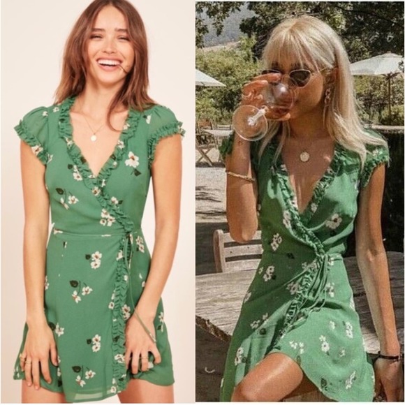 REFORMATION Lola Dress Floral Ruffle Mini V-Neck Wrap Short Sleeve Garnet Green - Picture 1 of 16